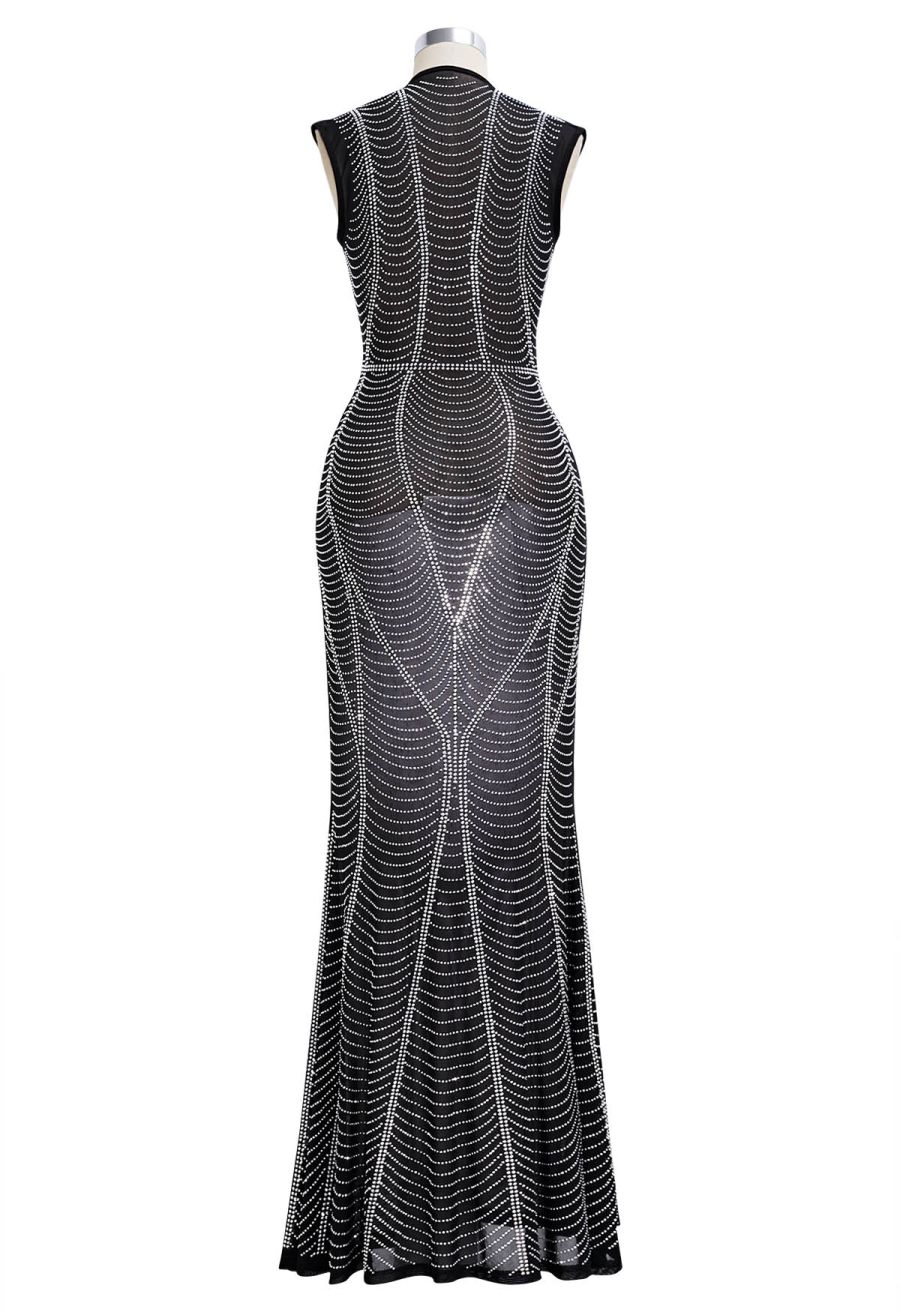 V-Neck Rhinestone Embellished Semi-Sheer Mesh Gown