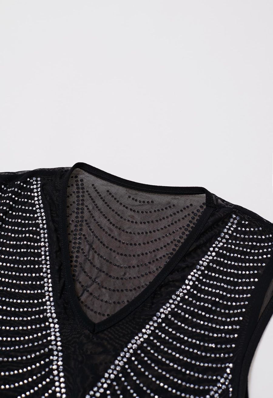 V-Neck Rhinestone Embellished Semi-Sheer Mesh Gown