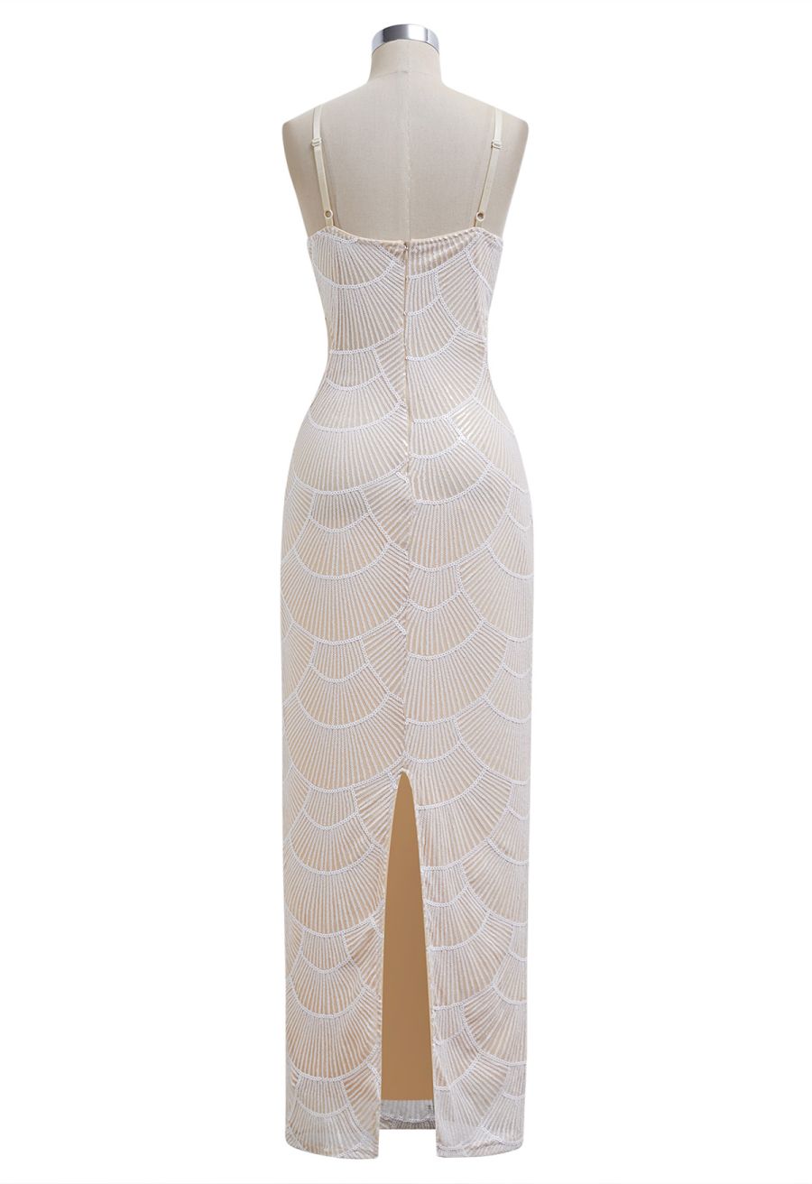 Scallop-Shaped Sequined Pearl Slit Gown in Apricot