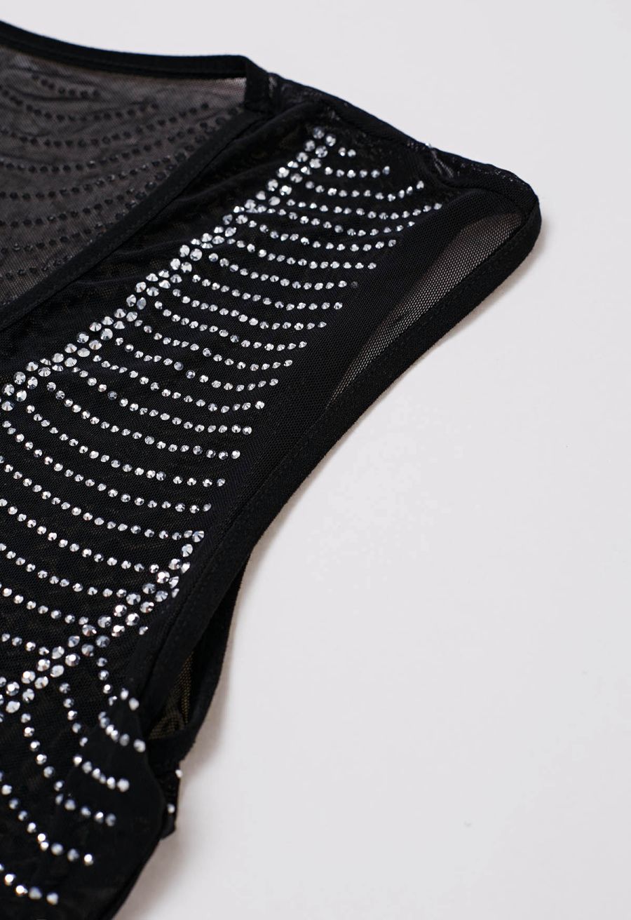 V-Neck Rhinestone Embellished Semi-Sheer Mesh Gown