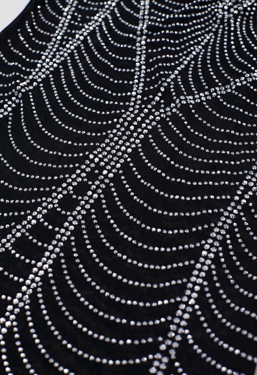 V-Neck Rhinestone Embellished Semi-Sheer Mesh Gown