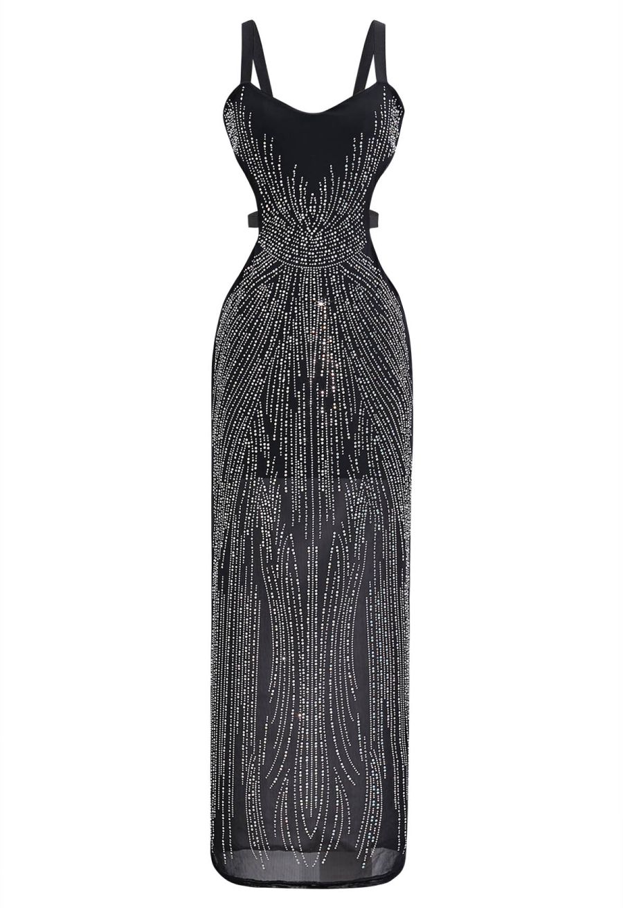 Rhinestone Embellished Cut Out Mesh Cami Gown
