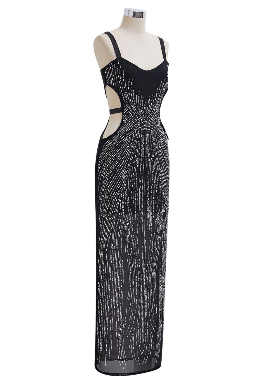 Rhinestone Embellished Cut Out Mesh Cami Gown