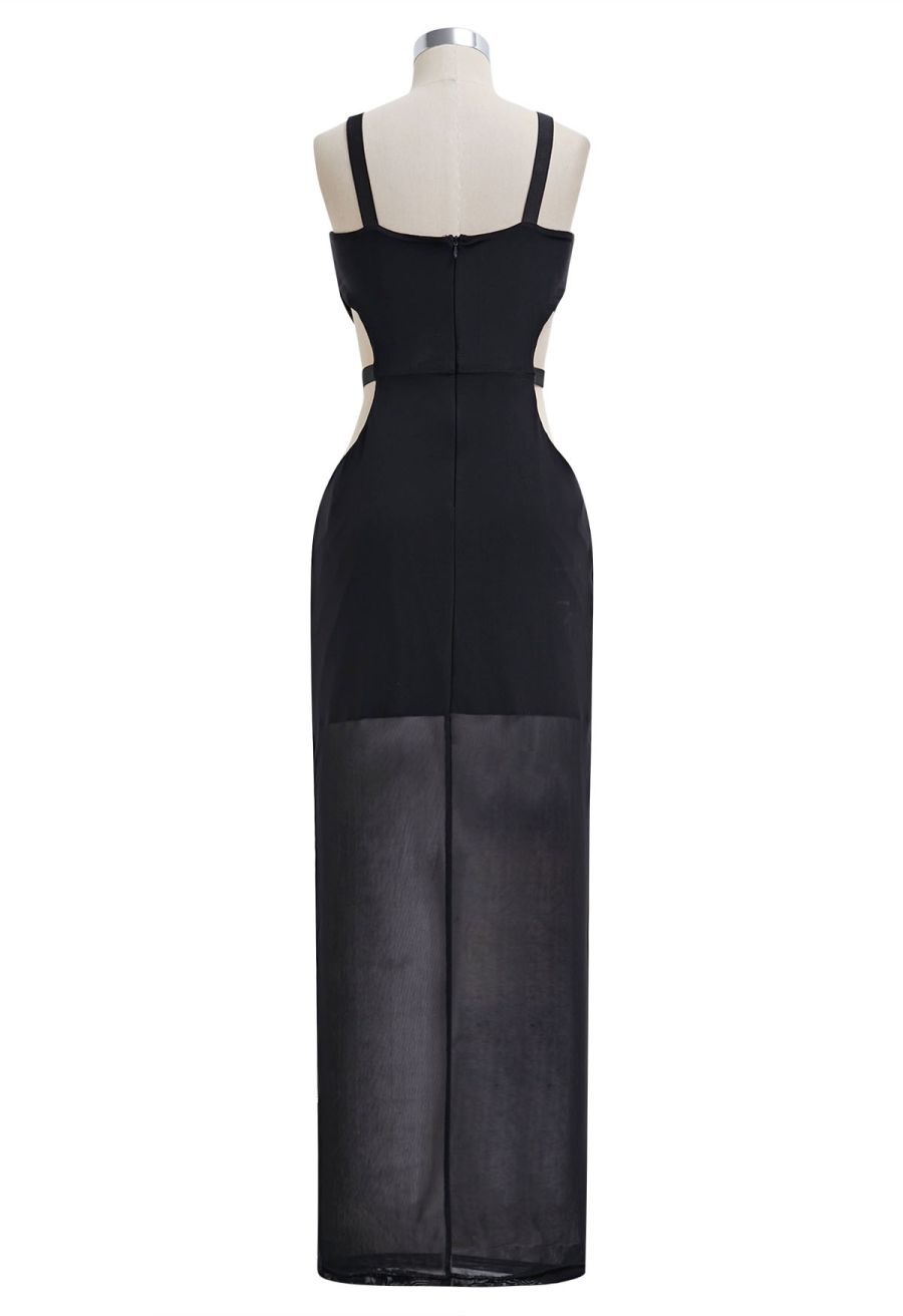 Rhinestone Embellished Cut Out Mesh Cami Gown