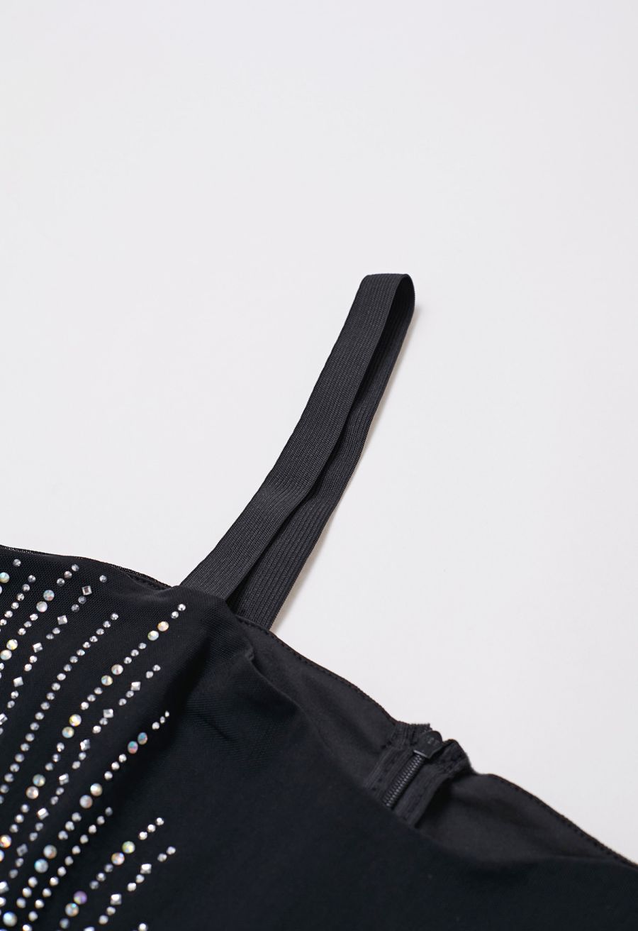 Rhinestone Embellished Cut Out Mesh Cami Gown