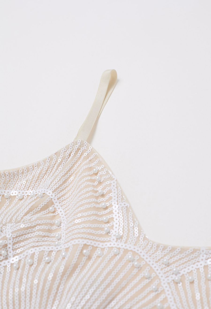 Scallop-Shaped Sequined Pearl Slit Gown in Apricot