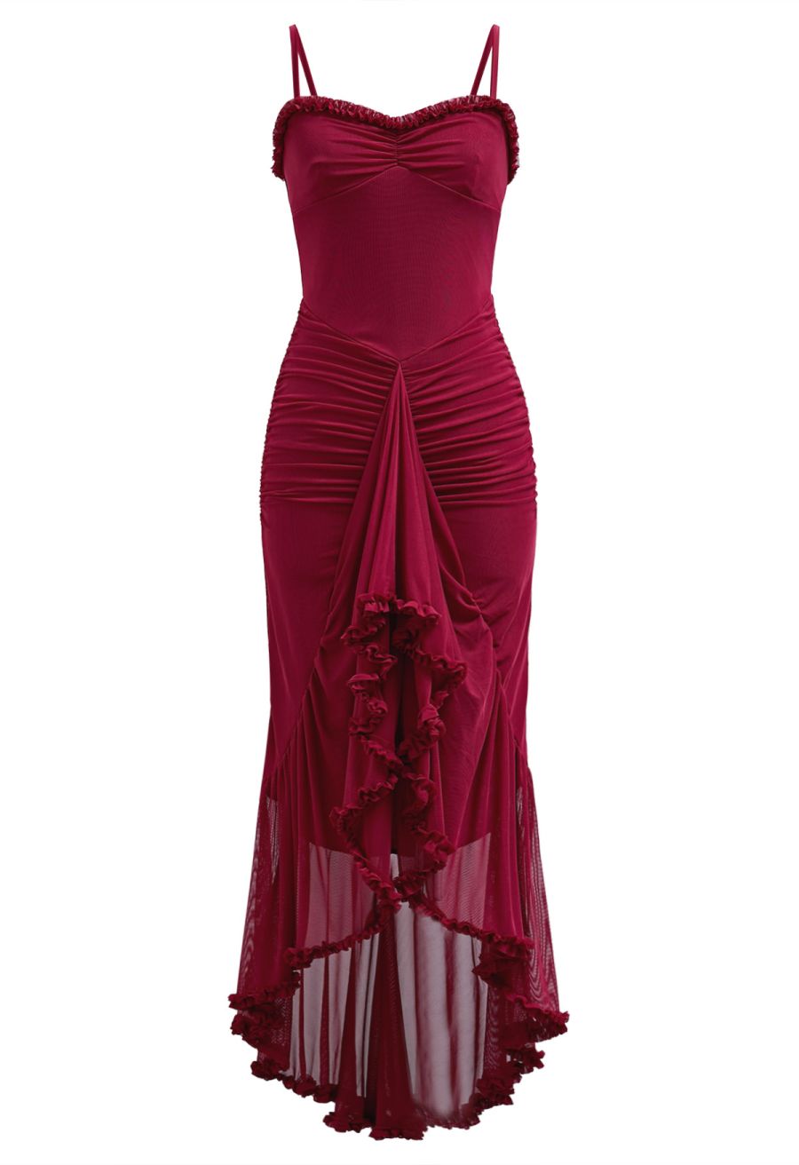 Asymmetric Ruffle Hem Ruched Mesh Cami Dress in Red
