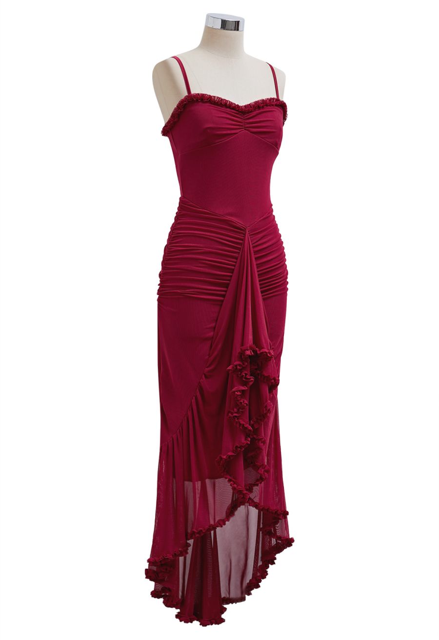 Asymmetric Ruffle Hem Ruched Mesh Cami Dress in Red