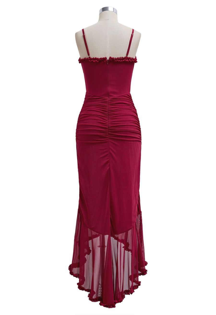 Asymmetric Ruffle Hem Ruched Mesh Cami Dress in Red