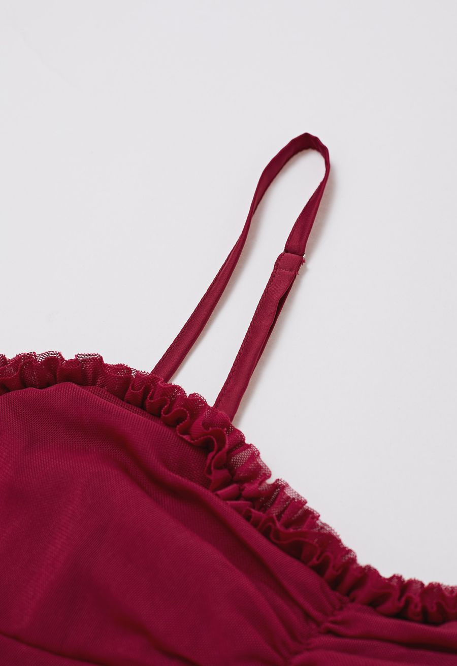 Asymmetric Ruffle Hem Ruched Mesh Cami Dress in Red