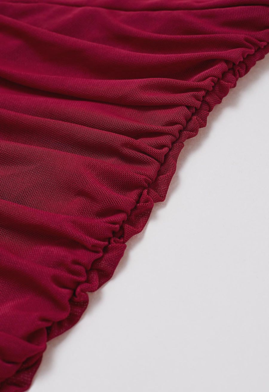 Asymmetric Ruffle Hem Ruched Mesh Cami Dress in Red