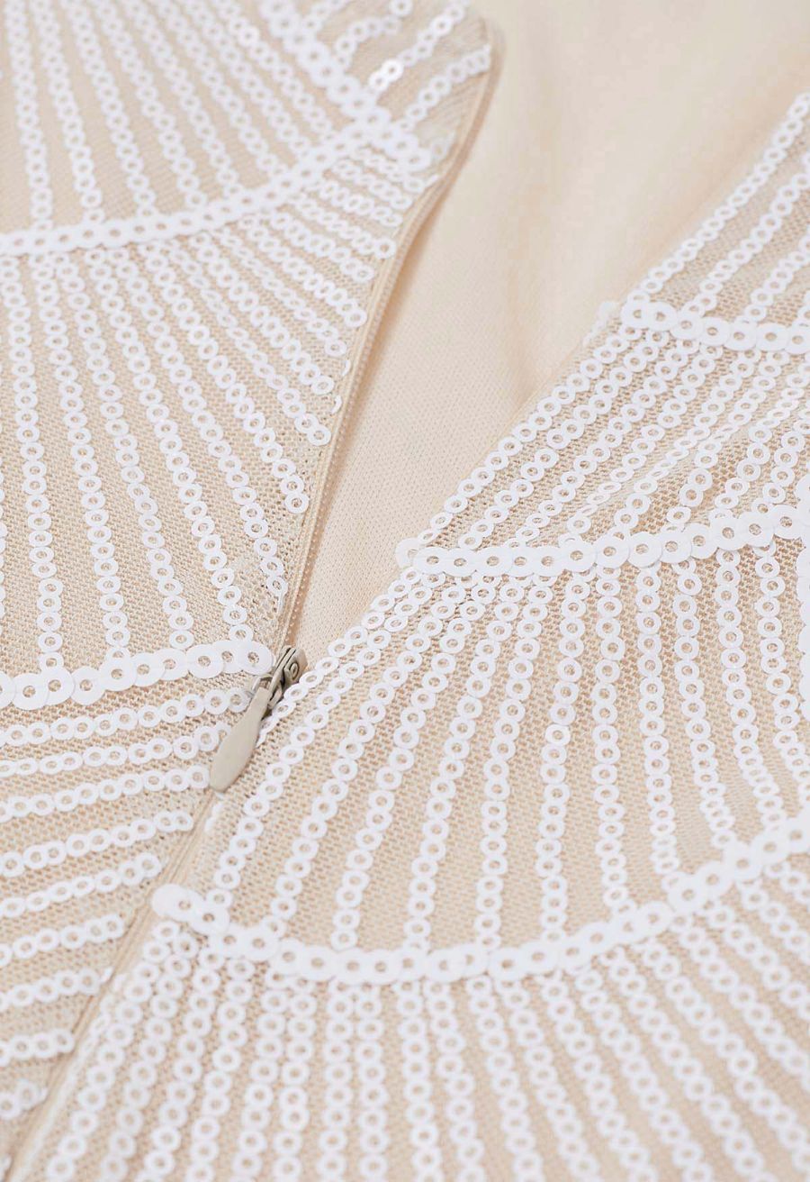 Scallop-Shaped Sequined Pearl Slit Gown in Apricot