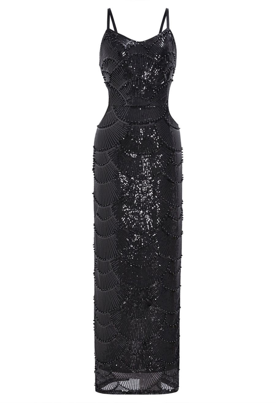 Scallop-Shaped Sequined Pearl Slit Gown in Black
