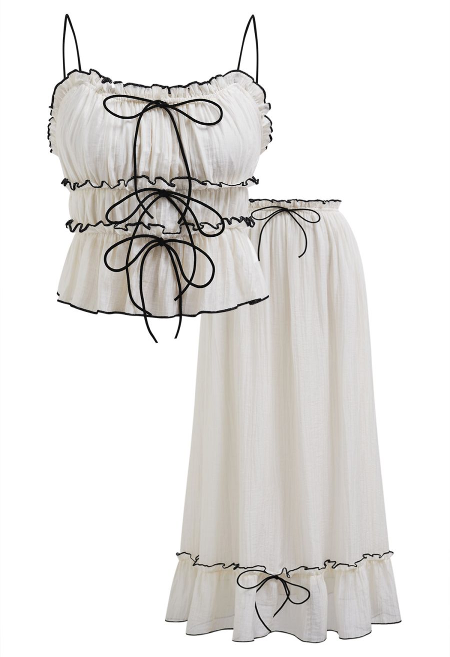 Contrast Bowknot Ruffle Cami Top and Skirt Set in Cream