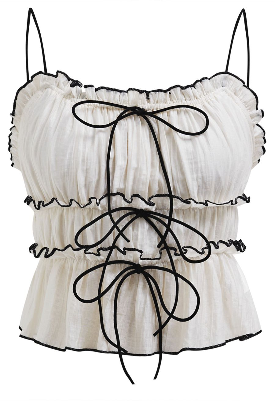Contrast Bowknot Ruffle Cami Top and Skirt Set in Cream