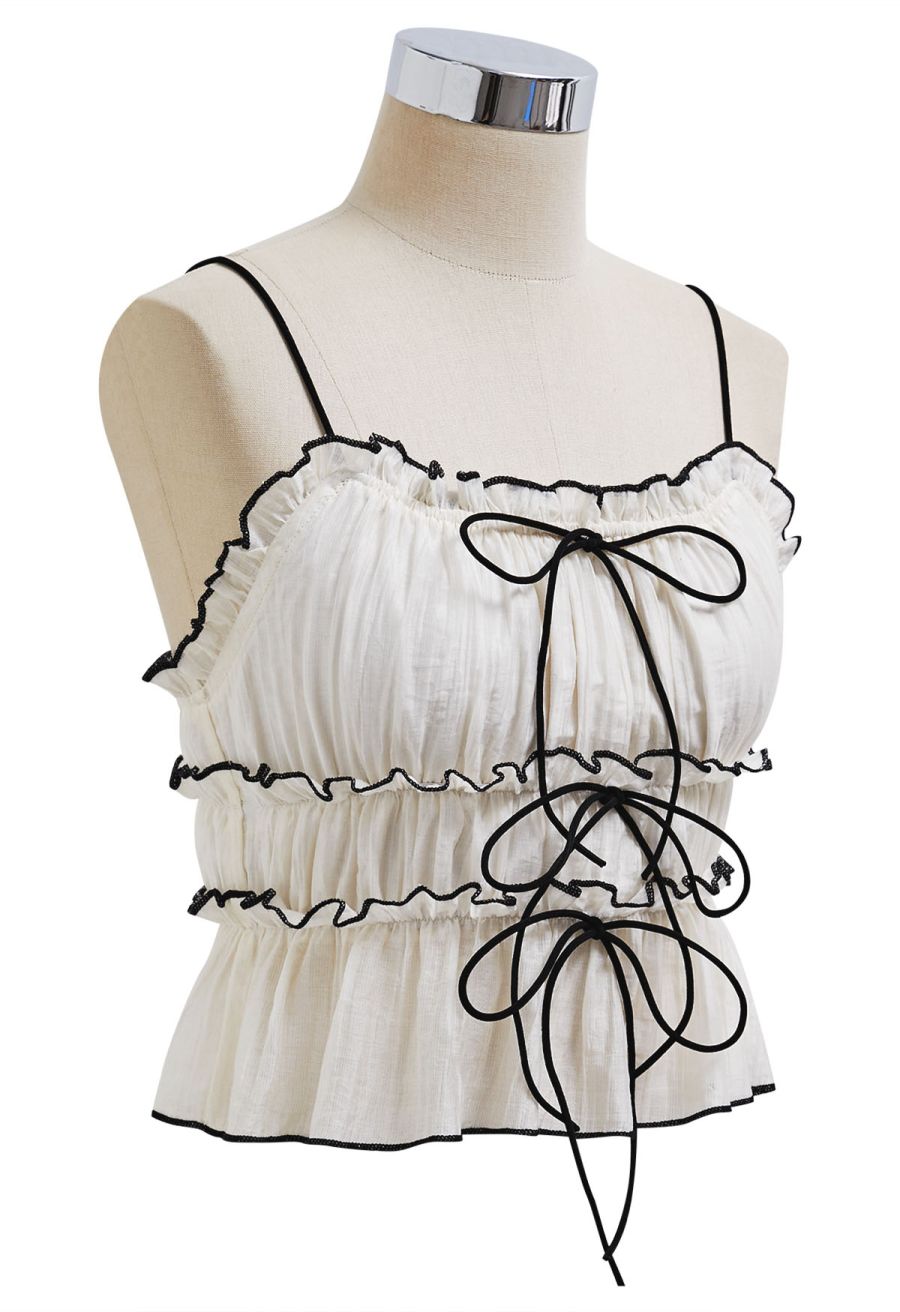 Contrast Bowknot Ruffle Cami Top and Skirt Set in Cream