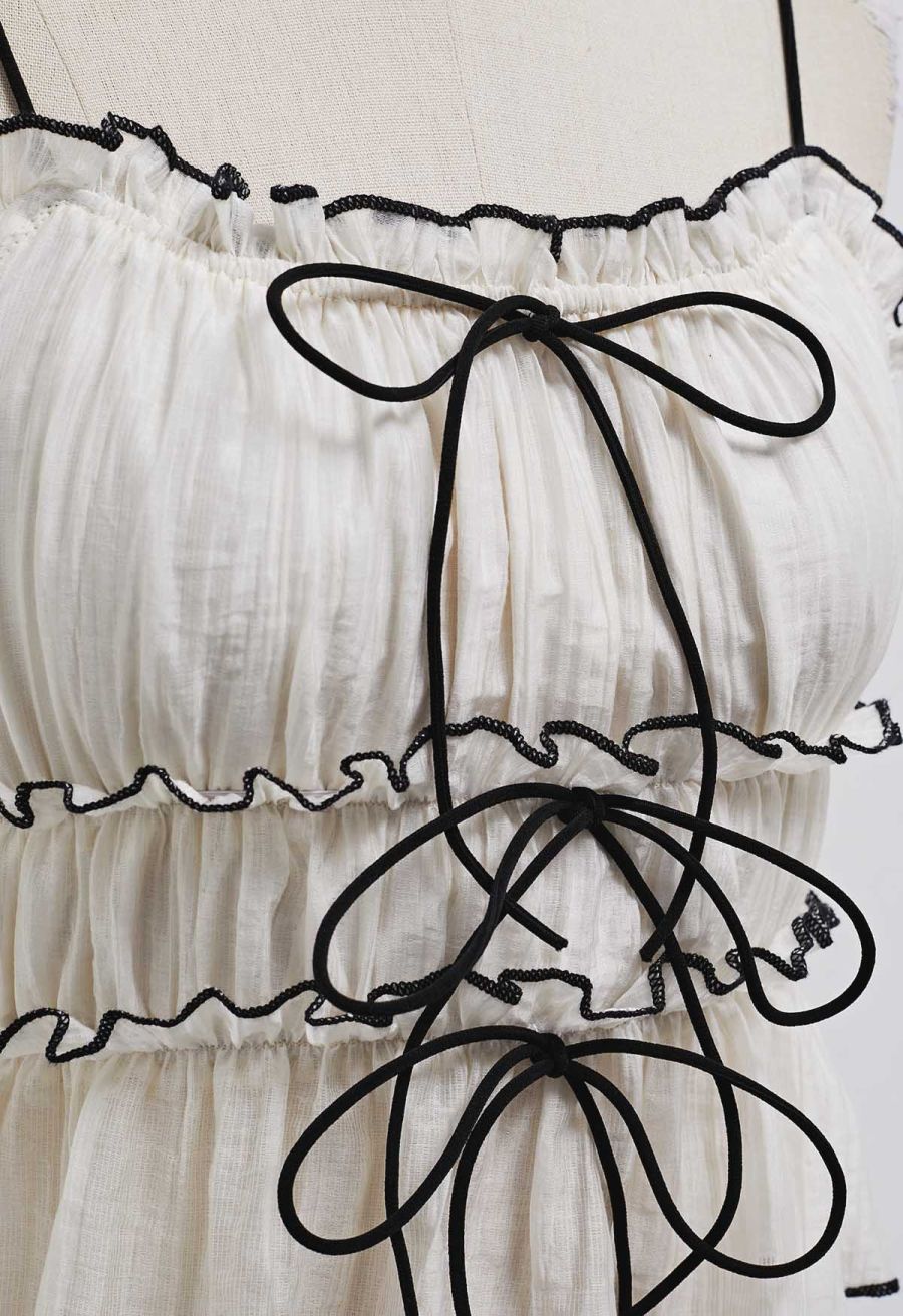 Contrast Bowknot Ruffle Cami Top and Skirt Set in Cream