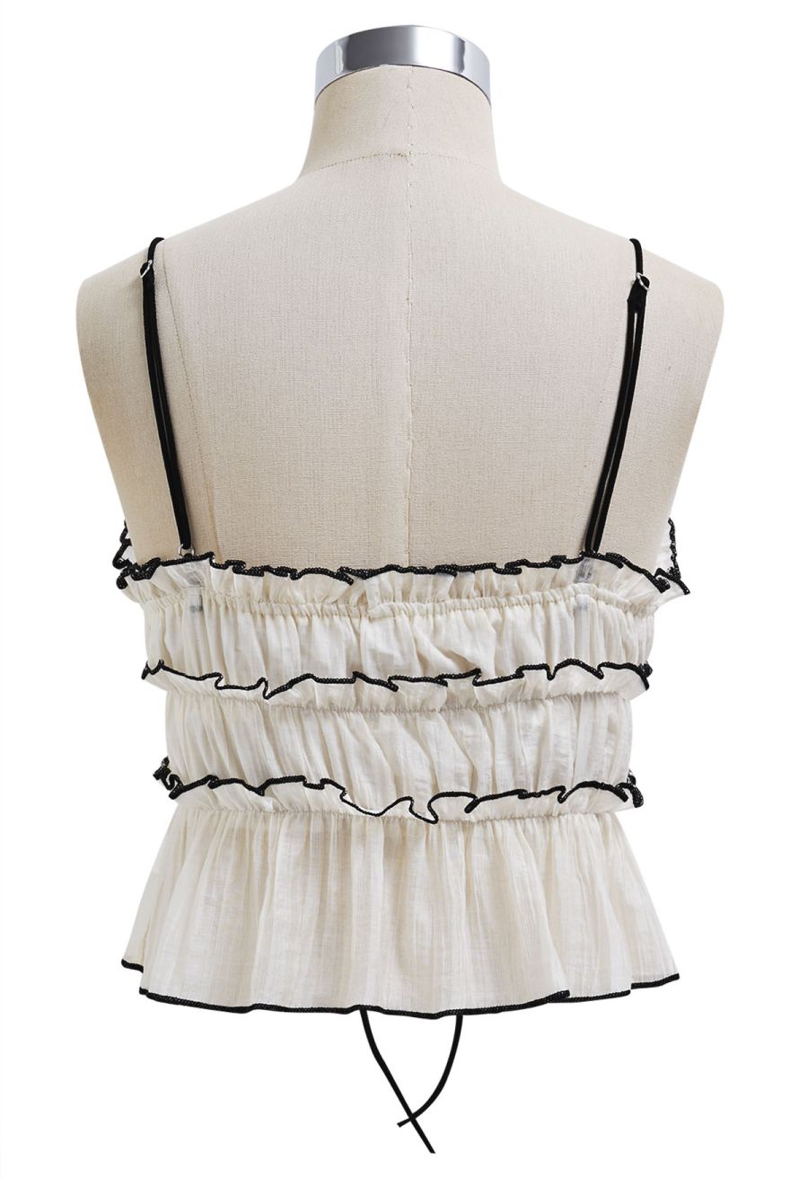 Contrast Bowknot Ruffle Cami Top and Skirt Set in Cream