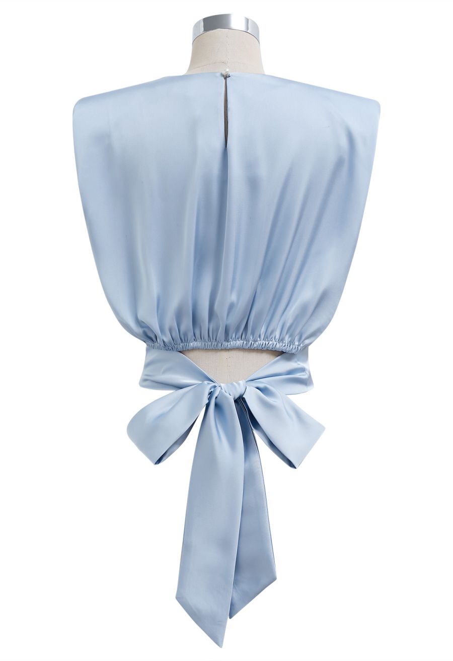 Satin Tie Back Sleeveless Top in Blue