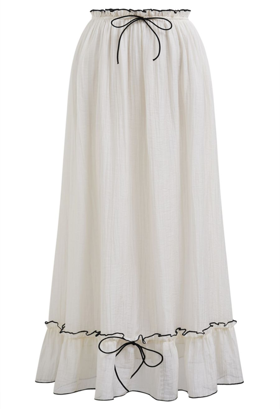 Contrast Bowknot Ruffle Cami Top and Skirt Set in Cream