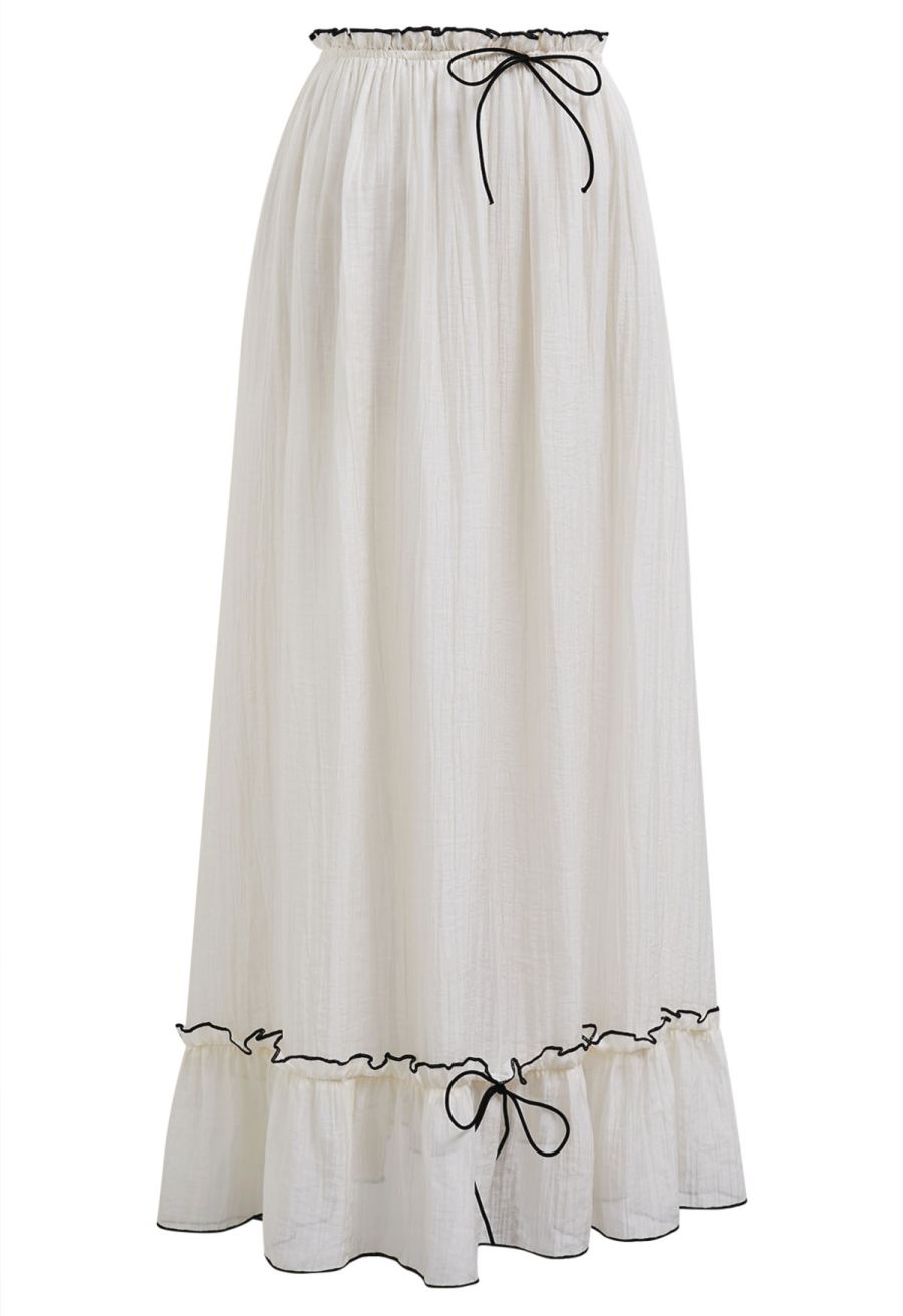 Contrast Bowknot Ruffle Cami Top and Skirt Set in Cream