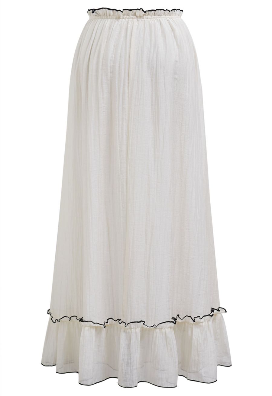 Contrast Bowknot Ruffle Cami Top and Skirt Set in Cream