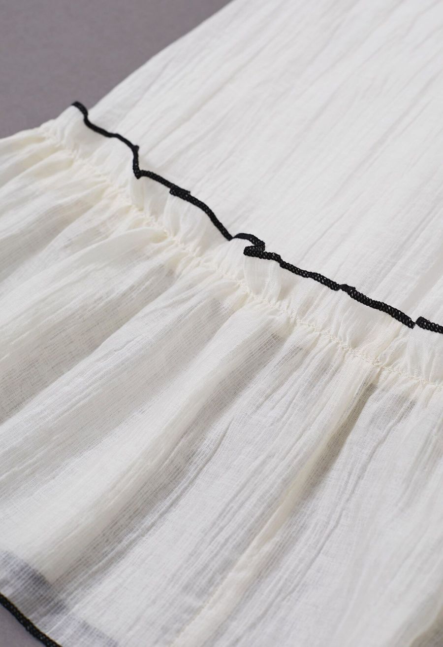 Contrast Bowknot Ruffle Cami Top and Skirt Set in Cream