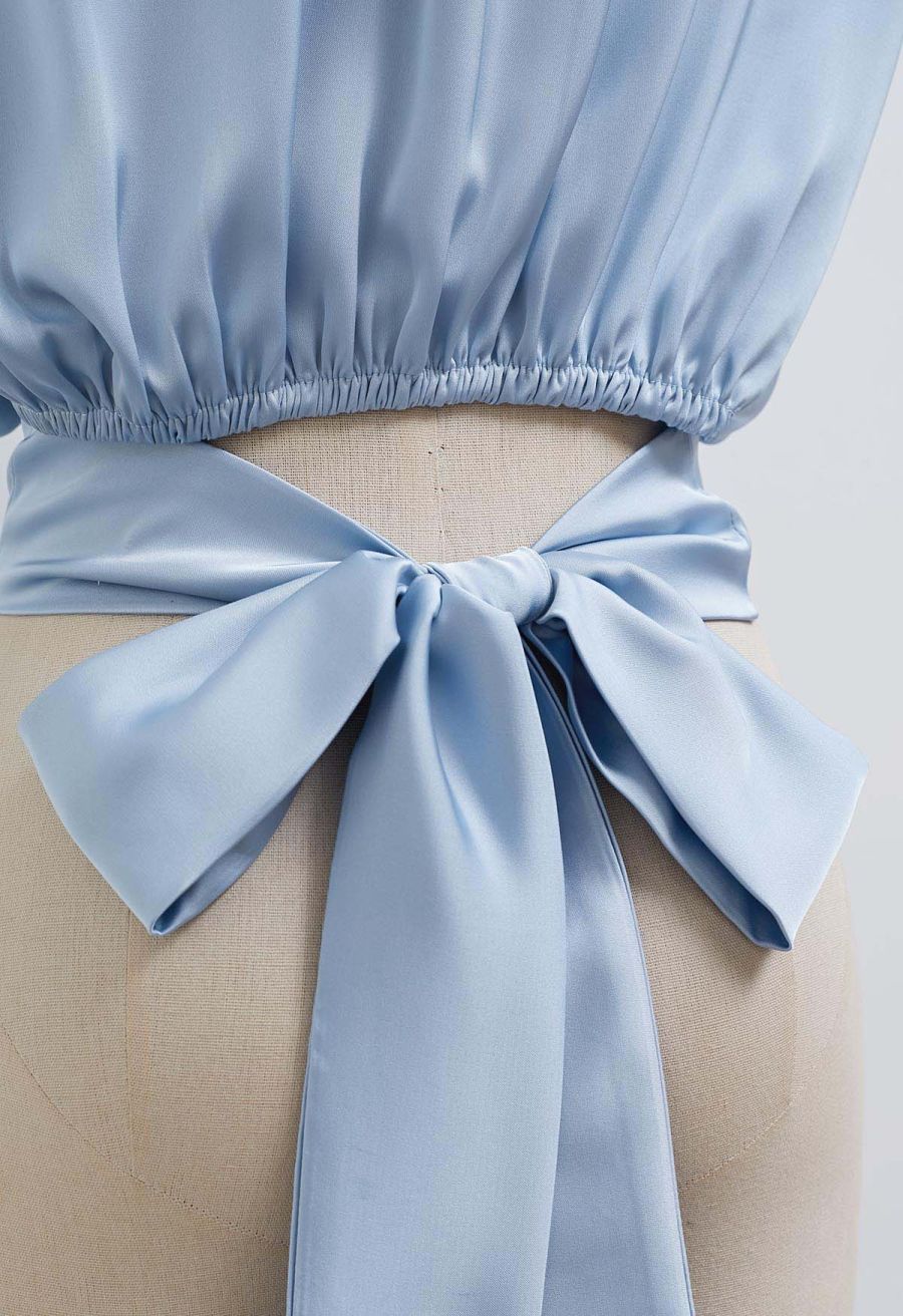 Satin Tie Back Sleeveless Top in Blue