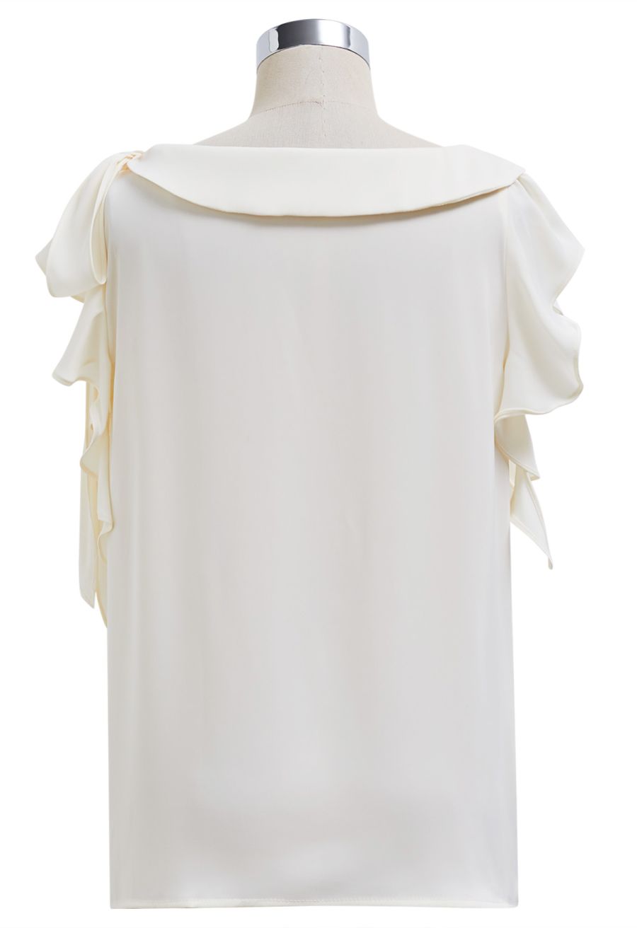 Side Knot Ruffle Sleeveless Satin Top in Cream
