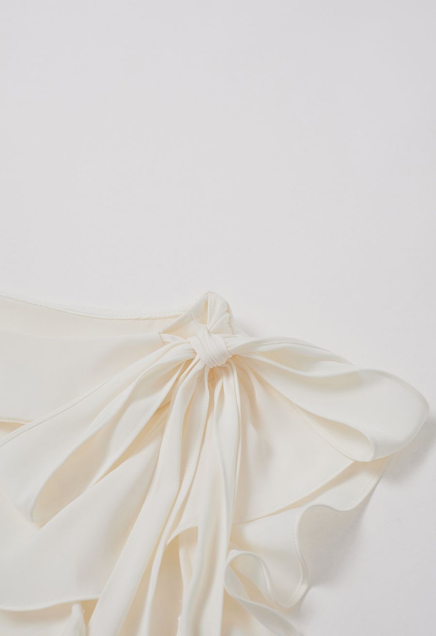 Side Knot Ruffle Sleeveless Satin Top in Cream