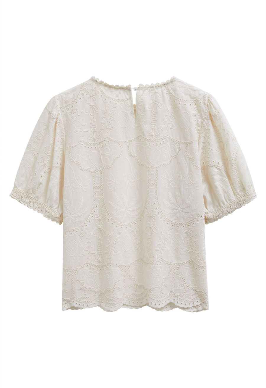 Coconut Tree Embroidered Eyelet Puff Sleeve Top in Cream