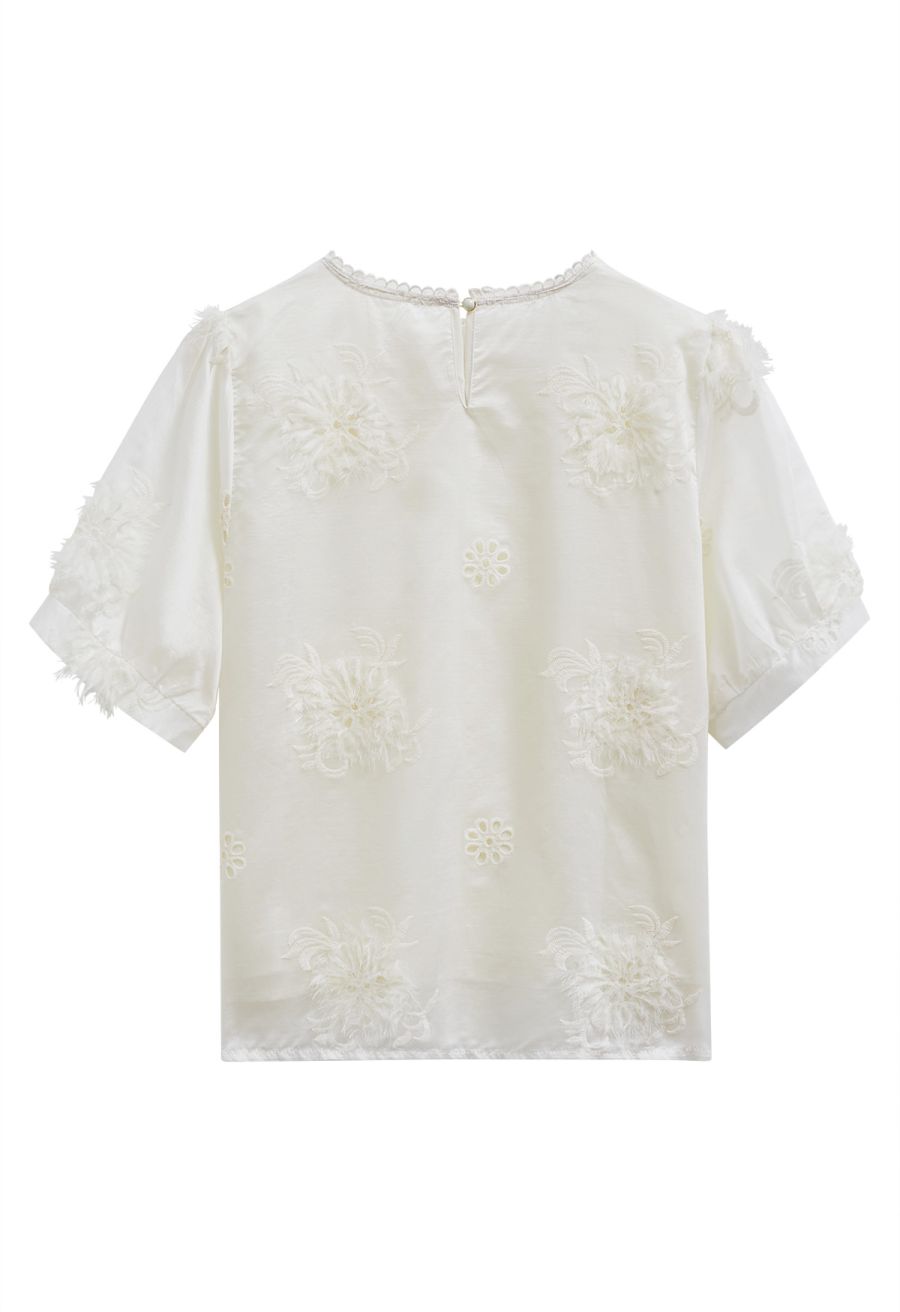Fringe Embroidered Eyelet Floral Organza Top in Cream