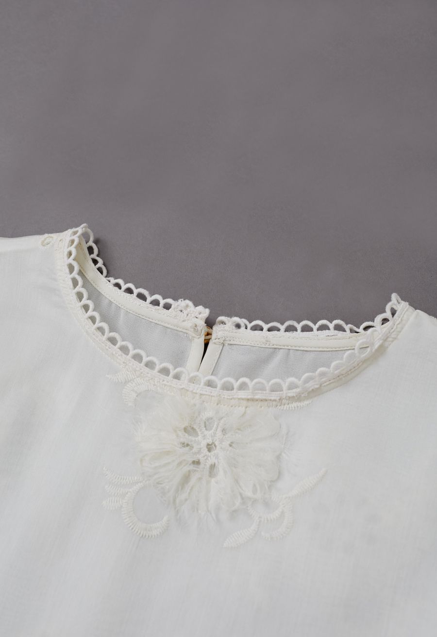Fringe Embroidered Eyelet Floral Organza Top in Cream