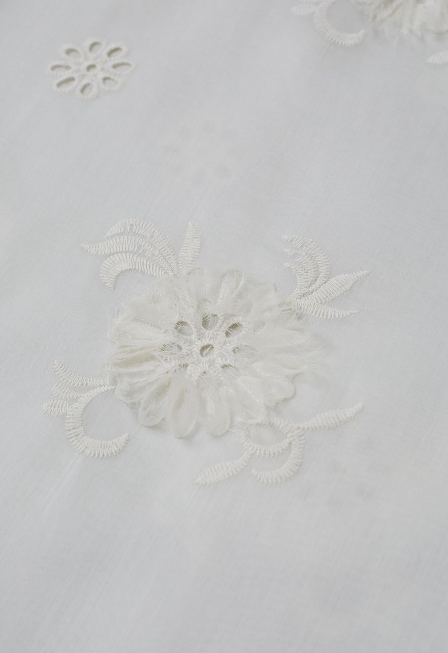 Fringe Embroidered Eyelet Floral Organza Top in Cream