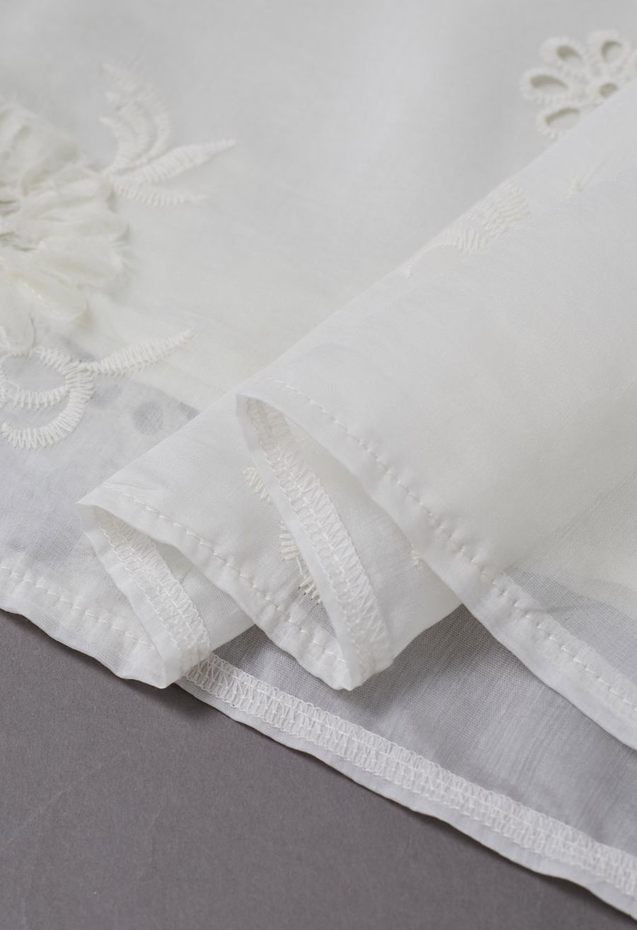 Fringe Embroidered Eyelet Floral Organza Top in Cream