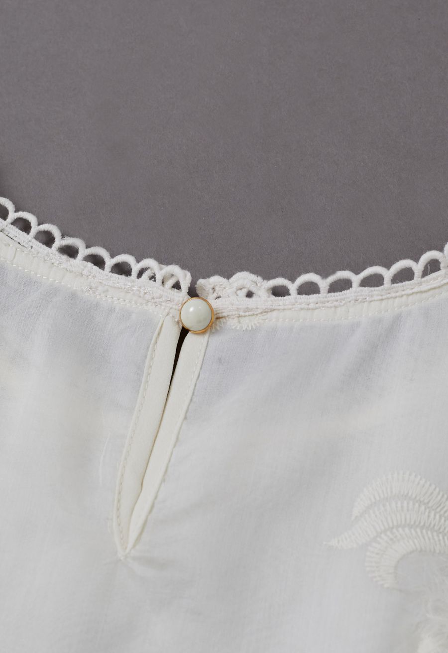 Fringe Embroidered Eyelet Floral Organza Top in Cream