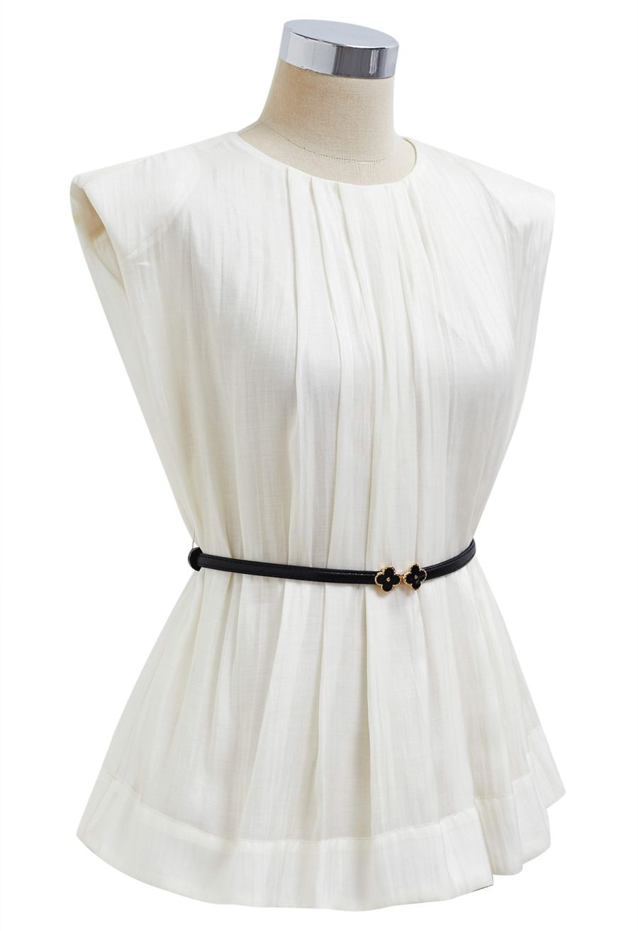 Glitter Pad Shoulder Belted Sleeveless Top in Cream