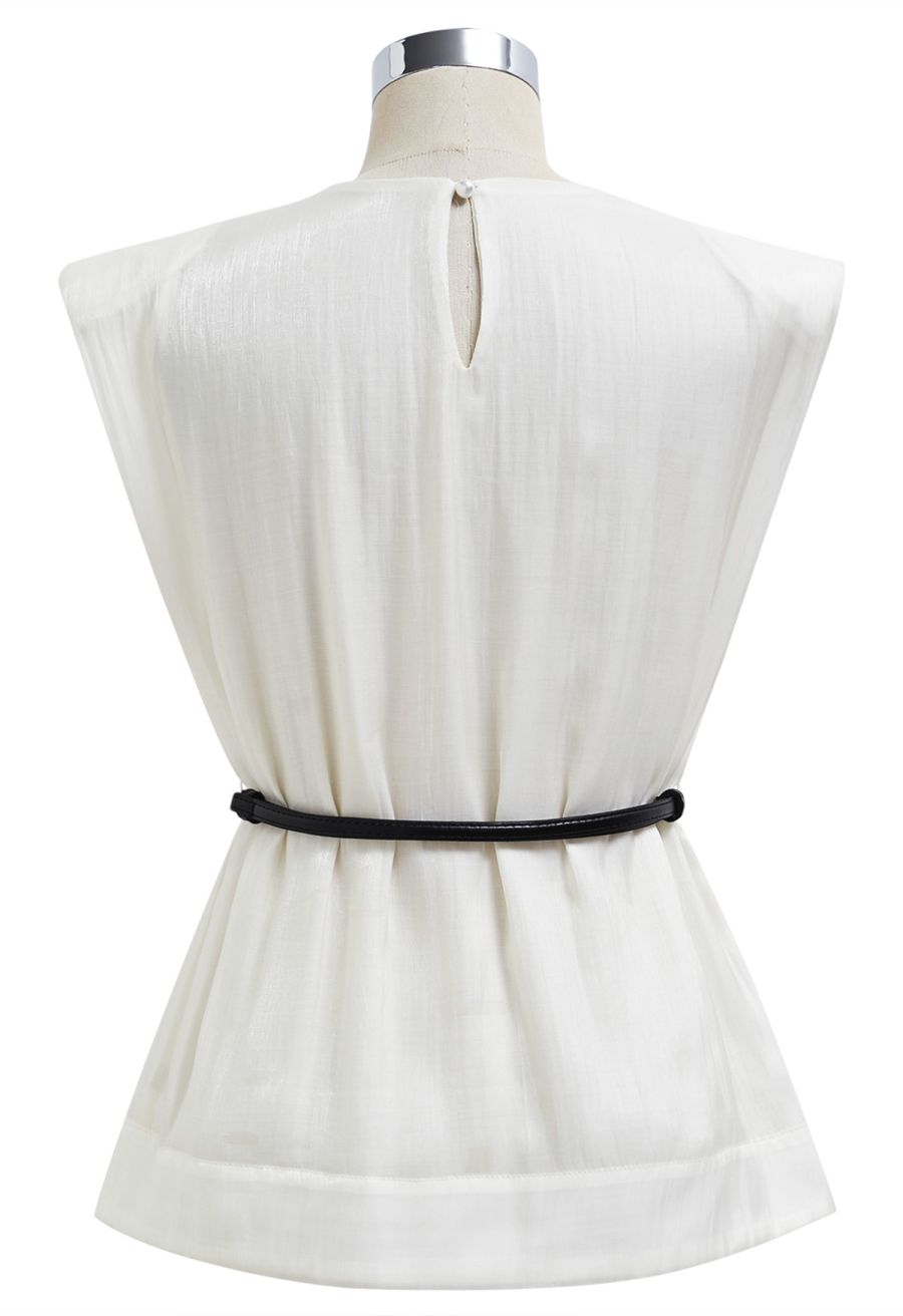 Glitter Pad Shoulder Belted Sleeveless Top in Cream