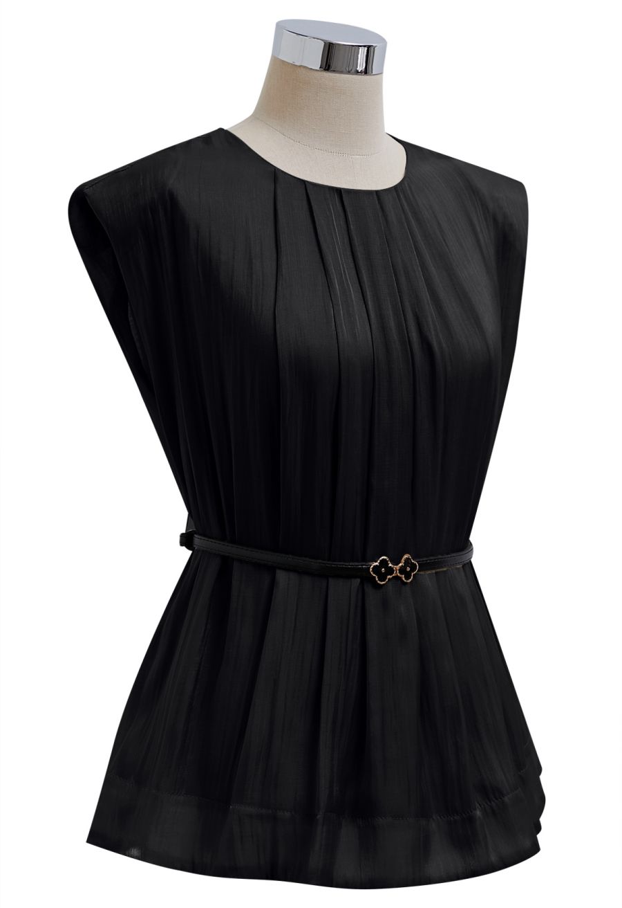 Glitter Pad Shoulder Belted Sleeveless Top in Black