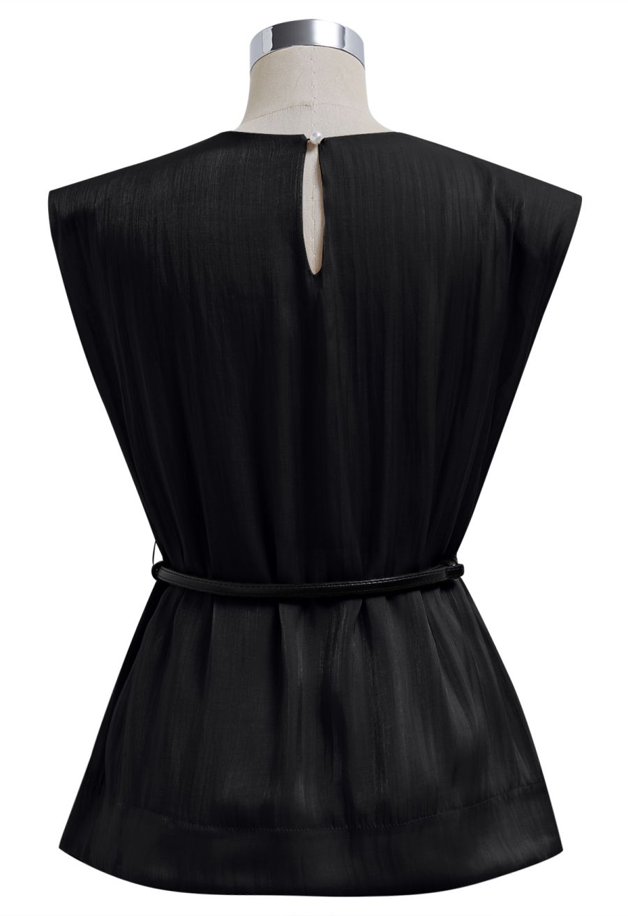 Glitter Pad Shoulder Belted Sleeveless Top in Black