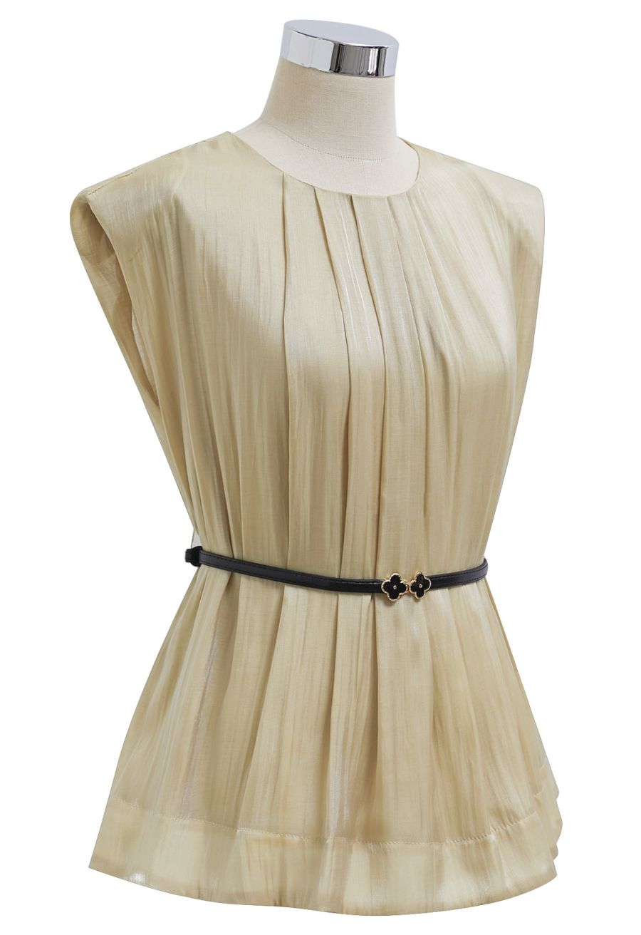 Glitter Pad Shoulder Belted Sleeveless Top in Light Tan