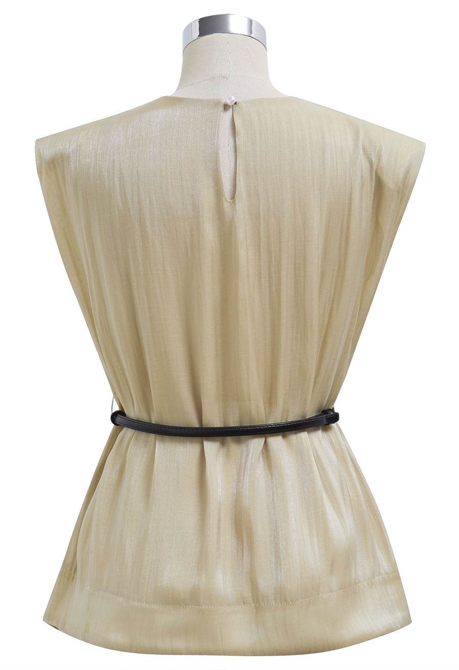 Glitter Pad Shoulder Belted Sleeveless Top in Light Tan
