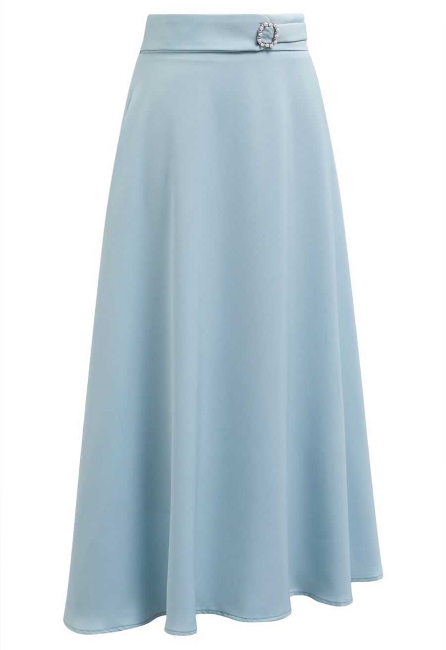 Subtle Pearl Square Buckle A-Line Skirt in Blue