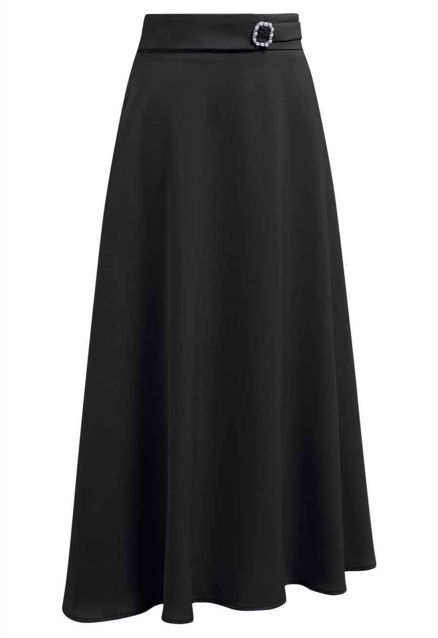 Subtle Pearl Square Buckle A-Line Skirt in Black