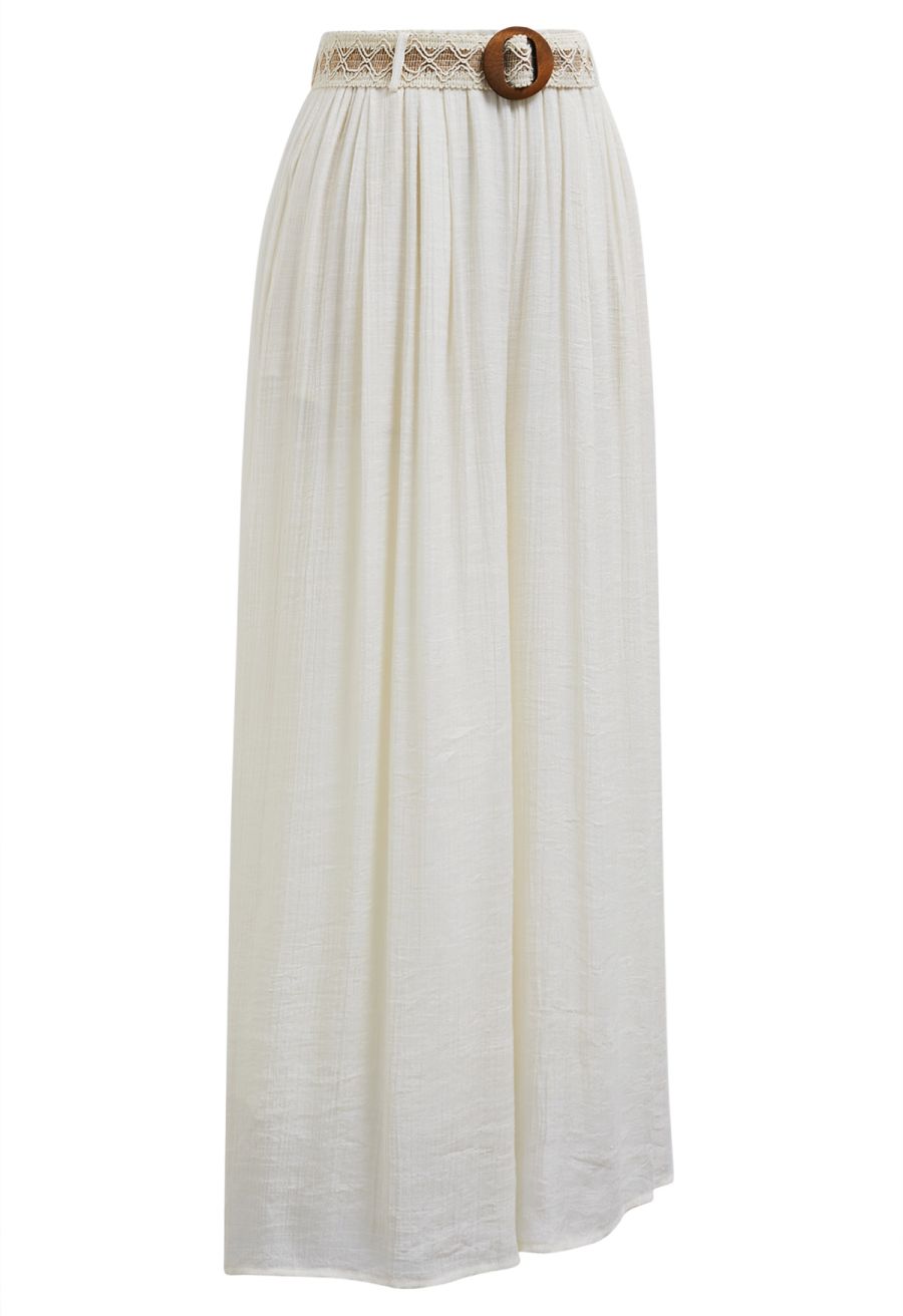 Boho Belt Wide-Leg Crinkle Pants in Cream