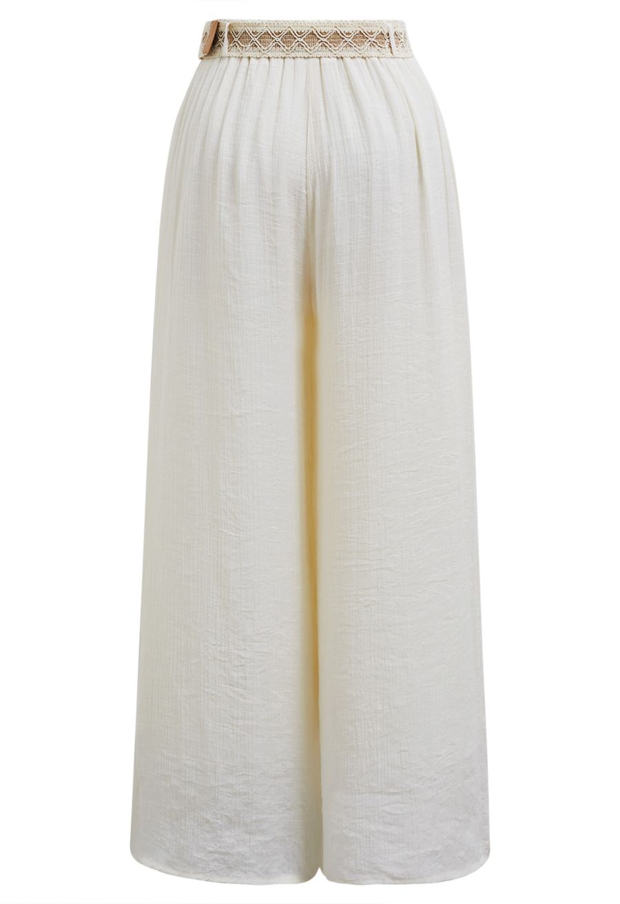 Boho Belt Wide-Leg Crinkle Pants in Cream
