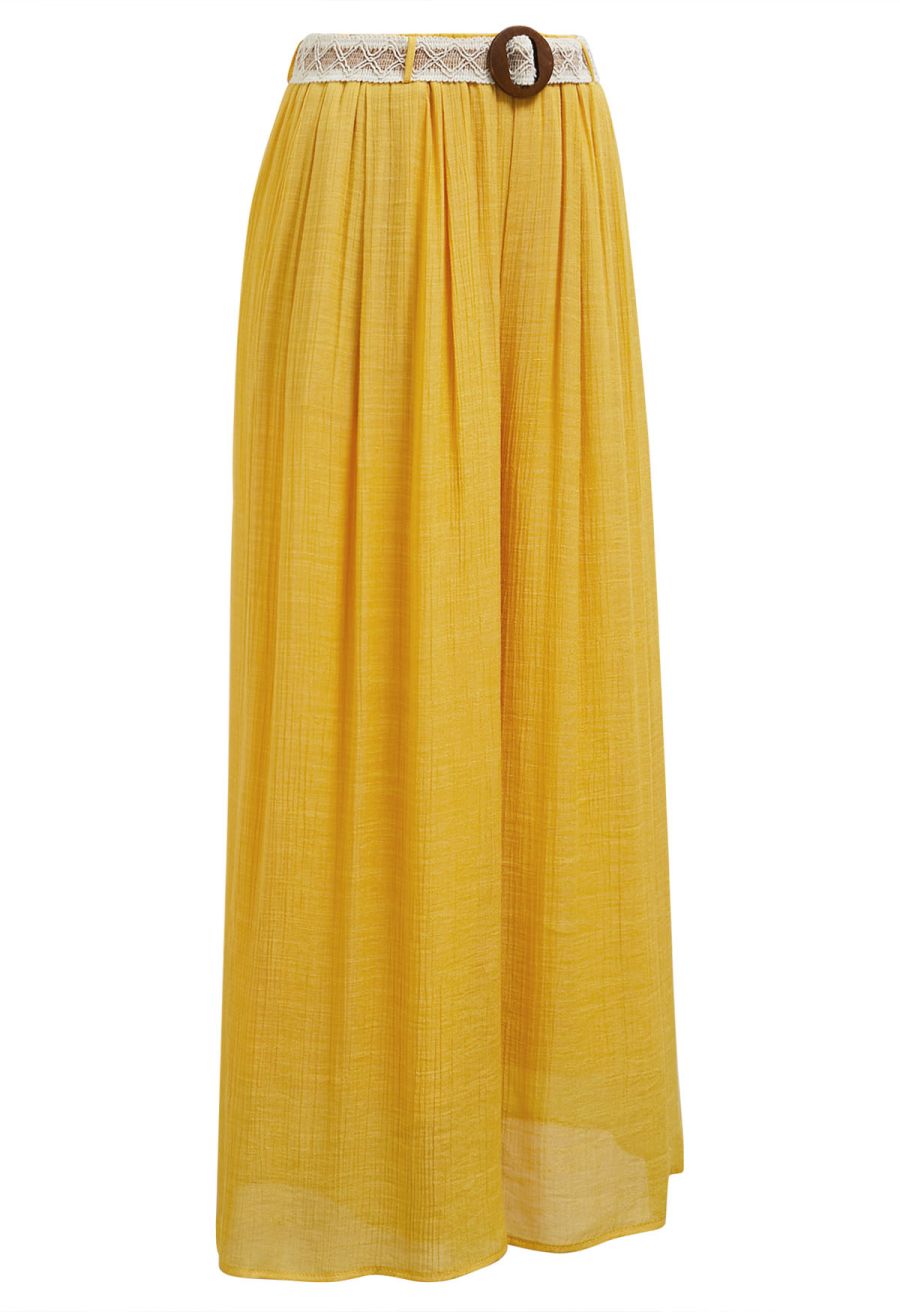 Boho Belt Wide-Leg Crinkle Pants in Mustard