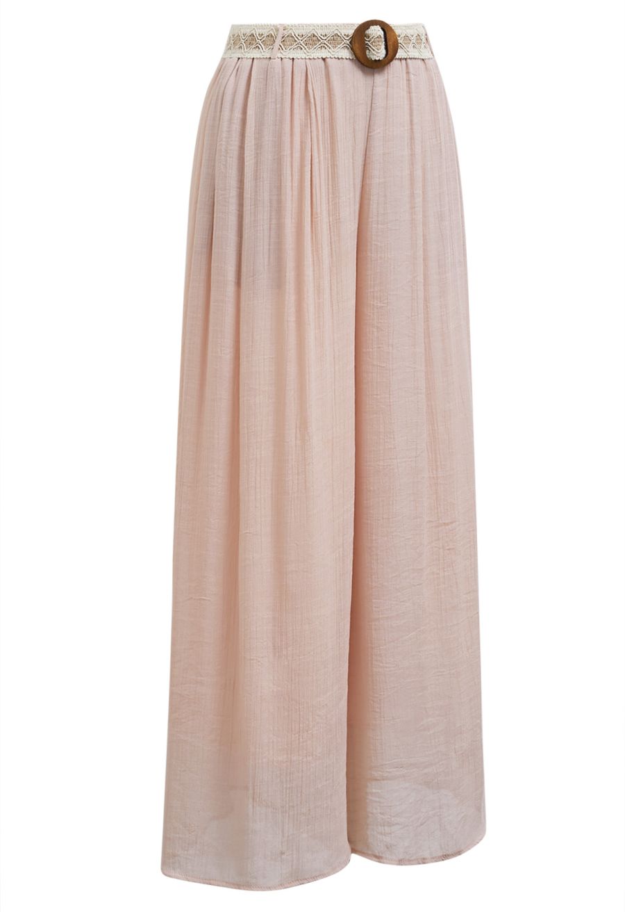 Boho Belt Wide-Leg Crinkle Pants in Nude Pink