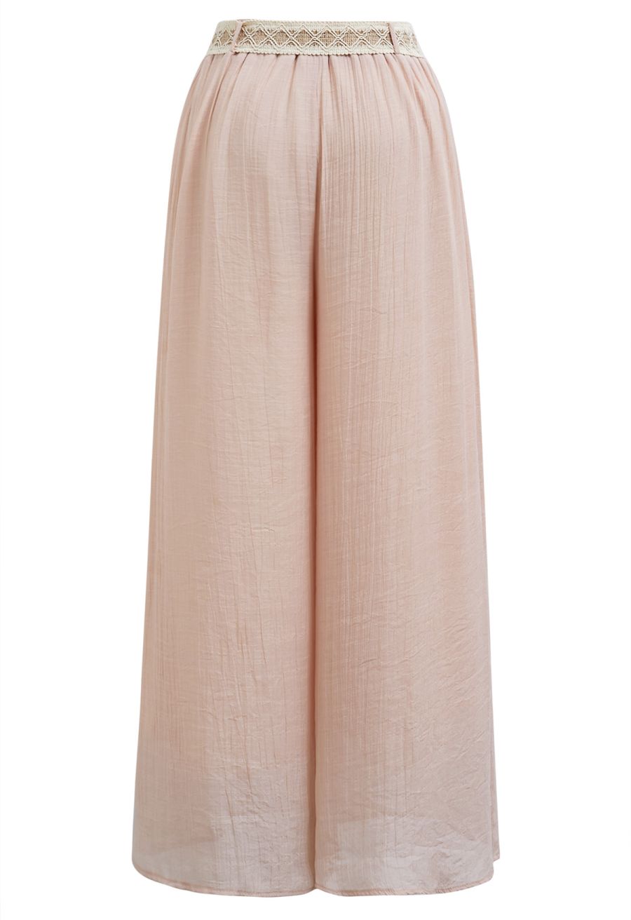 Boho Belt Wide-Leg Crinkle Pants in Nude Pink
