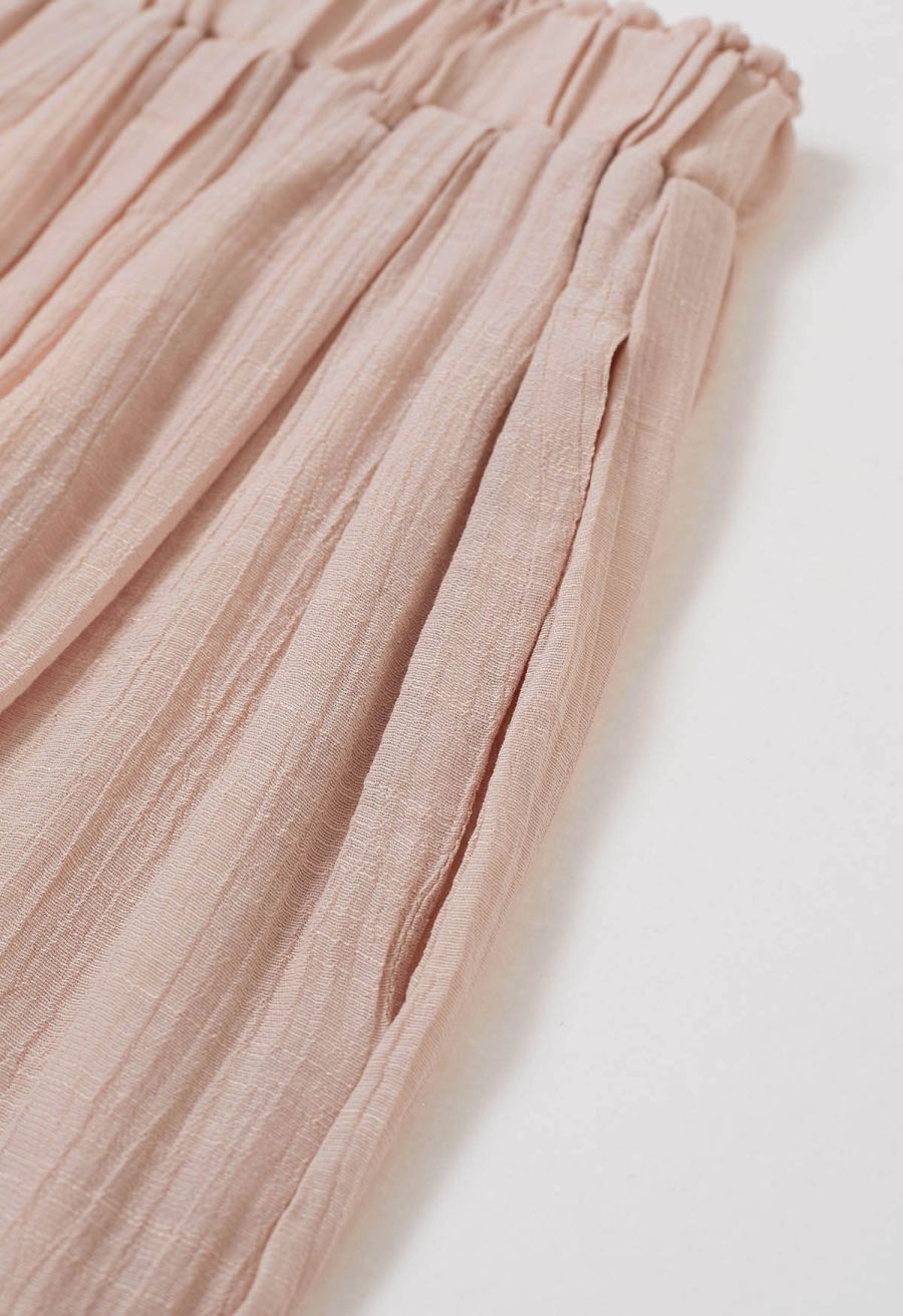 Boho Belt Wide-Leg Crinkle Pants in Nude Pink